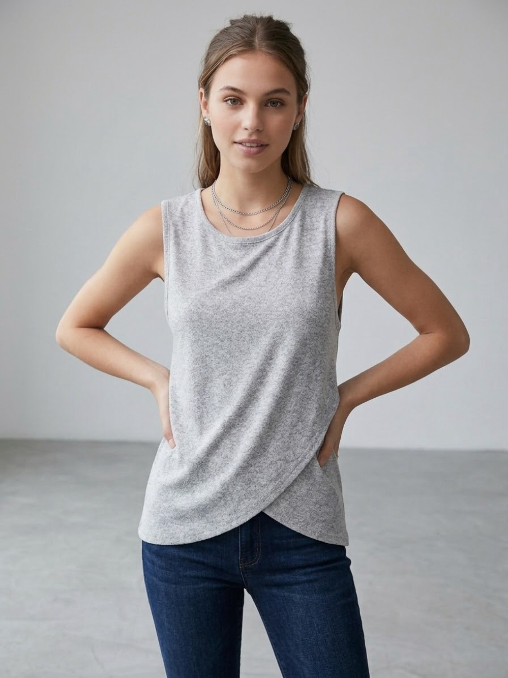 SHEIN Light Heather Gray Twist-Front Sleeveless Tank Top